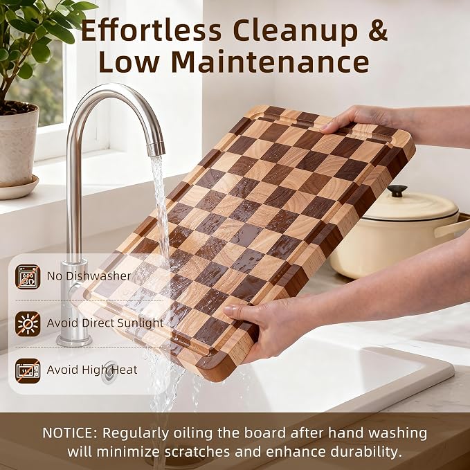 Checkered Cutting Board for Kitchen - Wood Thick Checkerboard End Grain Chopping Board with Handle & Juice Groove, Double Sided for Cooking, Serving and Decor, Rectangular 16" x 12" x 1"