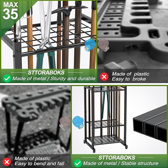 Tool Organizer for Garden, Garage Tool Organizer & Garage Organization – Heavy Duty Steel Garden Tool Organizer Stand Holds 35 Tools/Rakes/Brooms, Tool Storage Rack for Shed/Outdoor, Garage Organizer