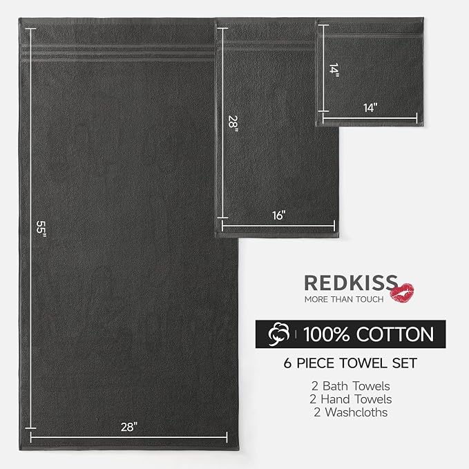 REDKISS Dark Gray Towels Set 6 Piece Cotton Towel Sets with 2 Bath Towels, 2 Hand, 2 Washcloths, 650GSM Hotel Quality, Soft, Highly Absorbent Towels for Bathroom Gym, Ideal Everyday Use
