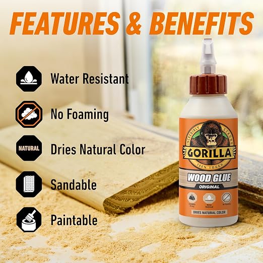 Gorilla Wood Glue, 8 oz., Water Resistant PVA Wood Glue for Indoor & Outdoor Projects, Fast Clamp, Natural Color, Paintable & Sandable