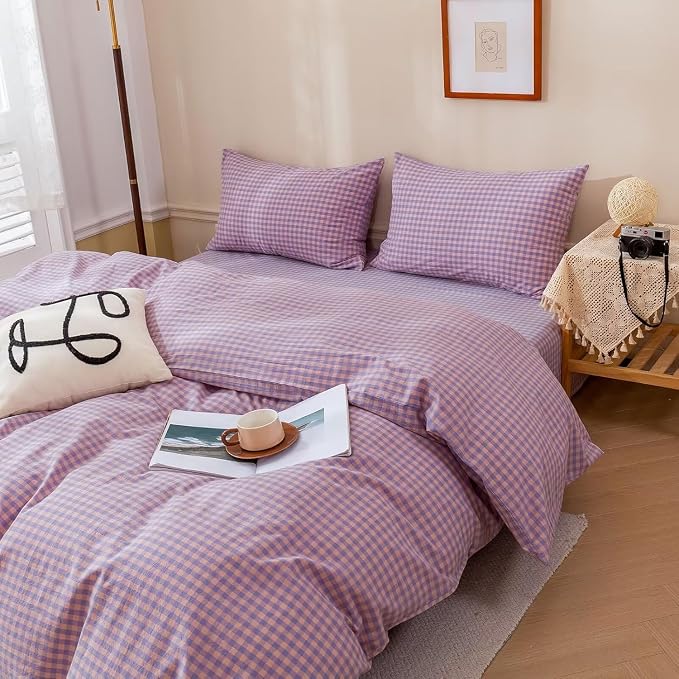 mixinni Purple Gingham Grid Duvet Cover Twin, 100% Washed Cotton Modern Geometric Bedding Set with 2 Pillowcases, Farmhouse Style Yellow Plaid Comforter Cover Set for Men & Women, Soft & Lightweight