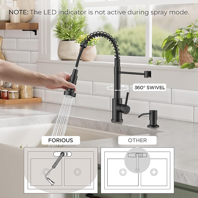 FORIOUS Black LED Kitchen Sink Faucet, Stainless Steel Kitchen Faucet with LED Light Sprayer, Commercial Transitional Single Handle Spring Faucet for Kitchen Sink, Bar & Prep Sinks, RV Camper
