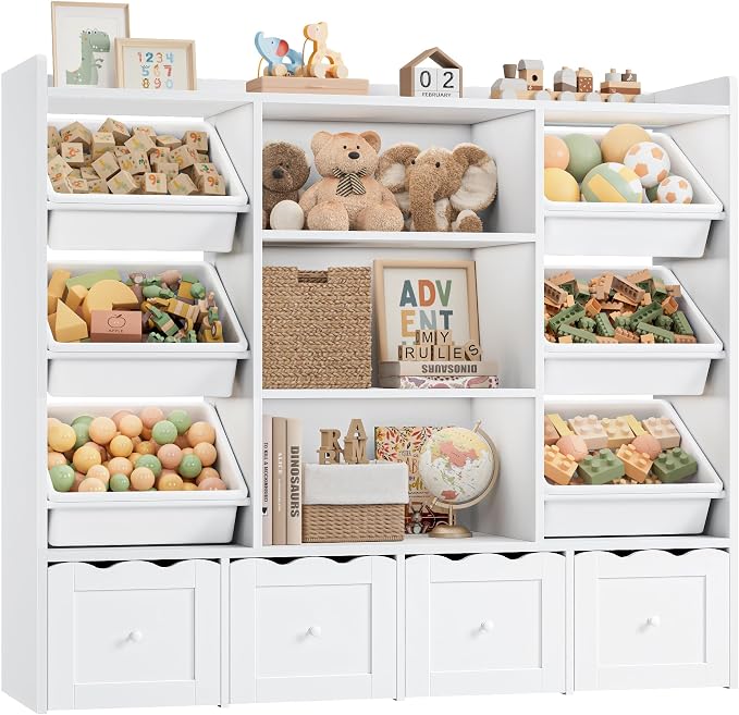HITHOS 55" W Kids Toy Storage Organizer with 10 Toy Box & Book Shelf, White | Large Toy Organizers and Storage with Kids Bookshelf & 6 Plastic Toy Chests & 4 Movable Drawers for Kids Room, Playroom