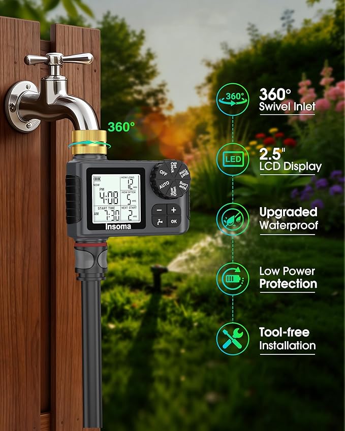 Water Timer for Garden Hose with 100% Metal Pipe, Programmable Sprinkler Controller for Garden Faucet with Auto/Manual/Rain Delay Mode, Irrigation Timers for Lawn, Yard, Outdoor Plants