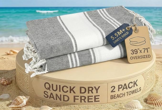 LANE LINEN Towels for Women, 2 Pack Oversized, Pre-Washed, XL - Smoky Black | No-Shrink, Sand Free - Quick Dry, Lightweight Travel Towels - Soft Bath Use, 39"x71" - Vacation Essential, Machine Washable