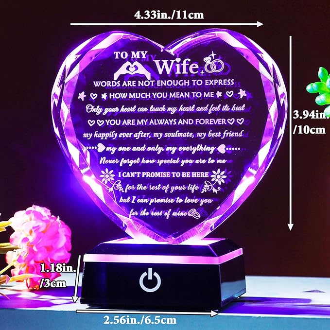Arikyrist Romantic Wife Gifts from Husband with Colorful LED Base Anniversary Birthday Gift for Wife Crystal Keepsake I Love You Gifts for Her on Mothers Day Valentine Christmas