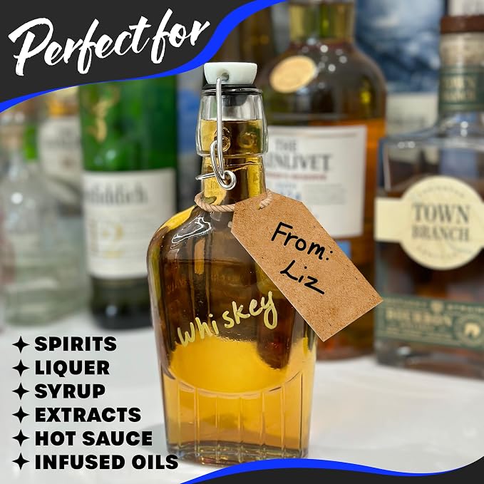 Nevlers 8.5 Oz Flask Flip Top Glass Bottle 18 PK | Limoncello Bottles with Stoppers, Shrink Wrap, Tags, Funnel, Marker & Brush| Swing Top Glass Bottles for Vanilla Extract | Hip Flask for Men & Women