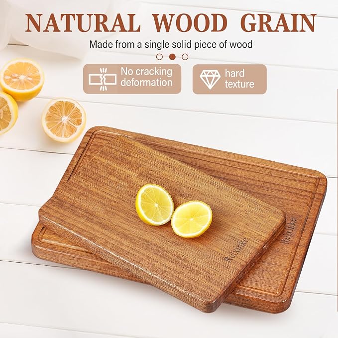Solid Teak Wood Cutting Board One Piece Non Glued Extra Large Thick Crack Resistant Wooden Chopping Board with DeepJuice Grooves Built in Handles for Kitchen Meat Vegetable 21.7x15 IN