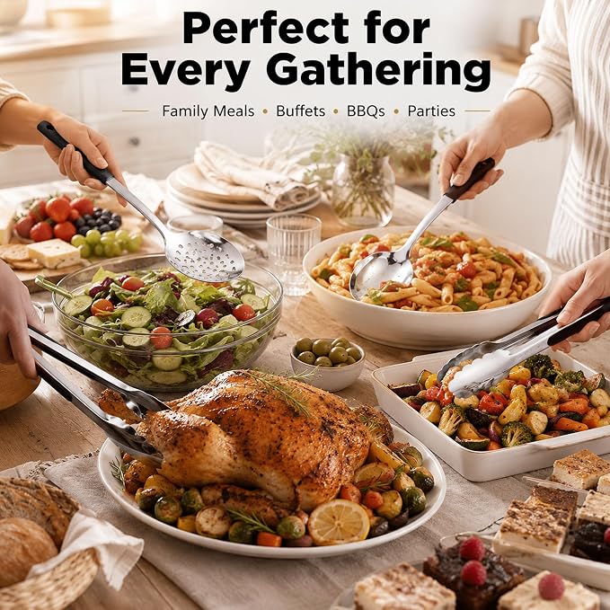 Buffet Serving Utensils Set, 9-Piece with Serving Spoons & Tongs | 3 serving spoons, 3 slotted spoons, and 3 tongs with heat-resistant silicone handles for buffet serving and entertaining.