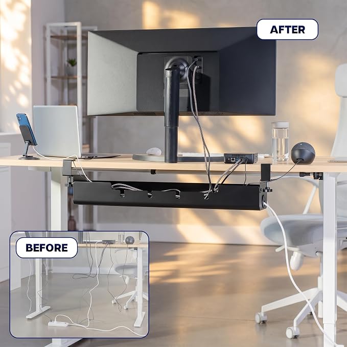VIVO No Drill 35 inch Under-Desk Clamp-On Cable Management Box with Flip-Open Lid, Easy-to-Open Steel Cord and Power Strip Organizer, Cable Organizer Tray, 11 lbs Capacity, Black, DESK-ACMB35-C