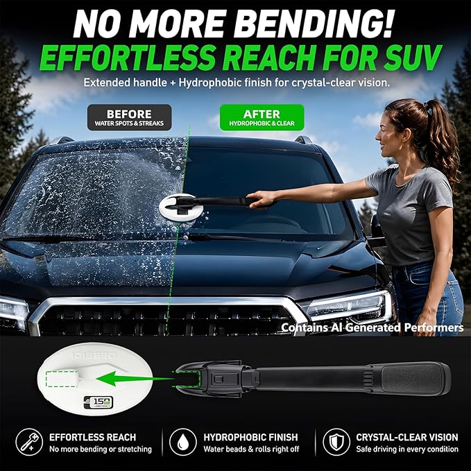 Car Window Oil Film Remover, Long Handle Glass Emulsion Cleaner | Efficient Felt Brush & Windshield Cleaner, Built In Leakproof Valve, 150ml Prefilled + 120ml Refill Bottle