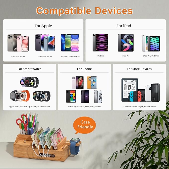 Bamboo Charging Station for Multiple Devices with 5 Port USB Charger, 5 Charger Cables and Smart Watch Stand. Wood Desktop Dock Stations Electronic Organizer for Cell Phone, Tablet, Watch, Office