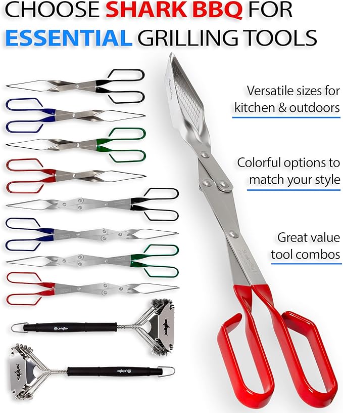 Steak Grill Tongs - 17 inch Red. Professional outdoor grilling utensil. Long reach Barbeque Grilling Tongs. Ideal for steak, fish, burger, and sausage