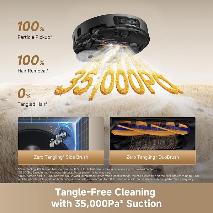DREAME L60 Ultra Robot Vacuum and Mop, 35,000Pa Suction, Detangling Brush, AI-Enhanced 3D ToF Vision, 100℃ Mop Self-Cleaning, 280+ Object Types, Extendable Side Brush and Mop, Black