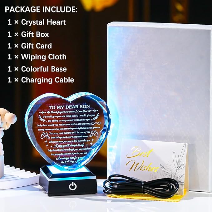 Arikyrist Meaningful Son Gifts with Coloful LED Base Inspirational to My Son Crystal Keepsake for Graduation Birthday Gifts for Adult Sons from Mom Dad on Fathers Day Christmas Valentines