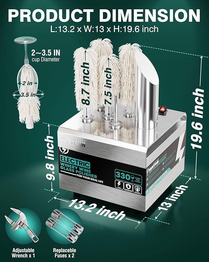 WantJoin Commercial Wine Glass Polisher Machine, 330 Cups/Hour 1300W Automatic Dryer with 5 Brushes, 304 Stainless Steel & Soft Cotton Brushes for Bar Restaurant Kitchen
