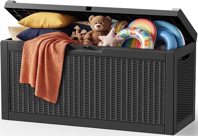 Outdoor Storage Box,120 Gallon Waterproof Resin Patio Deck Box | UV Resistant Lockable Package Delivery Bin, Toy Cabinet, Shoe & Garden Tools Storage, Ottoman, Indoor/Outdoor