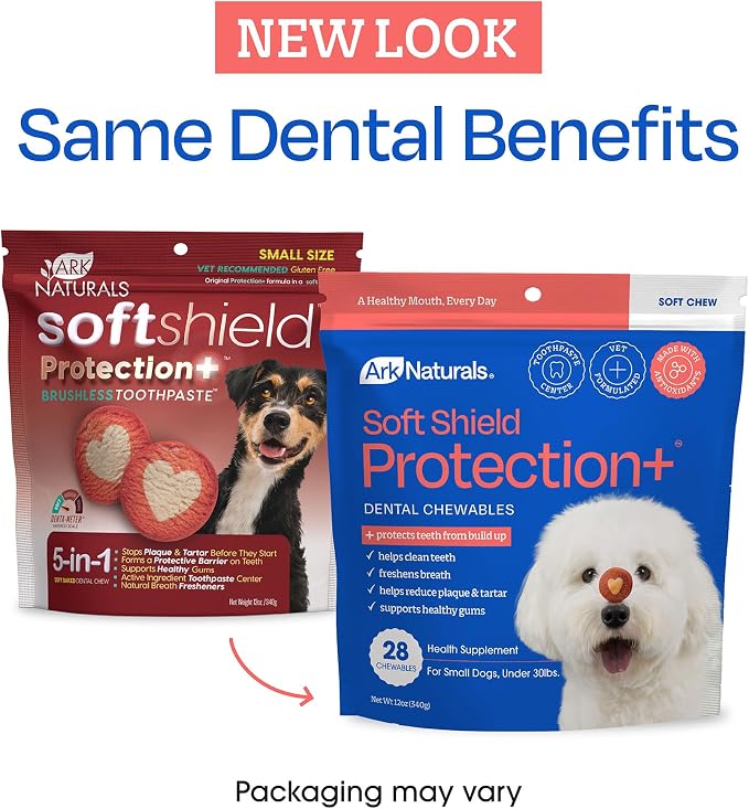 Ark Naturals Soft Shield Protection+ Brushless Toothpaste, Small Breed 28ct | Vet Formulated Soft-Baked Dog Dental Chew with Toothpaste Center - Freshens Breath and Prevents Plaque & Tartar