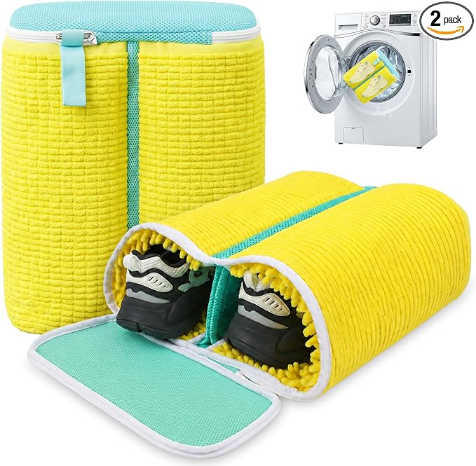 2-Pack Shoe Washing Machine Bag for Sneaker Cleaning Laundry Shoe Bag | Dual Compartment, Full Protection, Clasp-Lock Zipper, Thick Chenille, Reinforced Edge & Seams