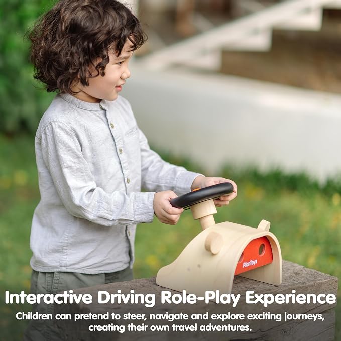 PlanToys® Wooden Driving Console Montessori Kids Pretend Play Dashboard Toy | steering wheel gear shift controls, wooden driving console, montessori pretend play dashboard, role play coordination, kids t