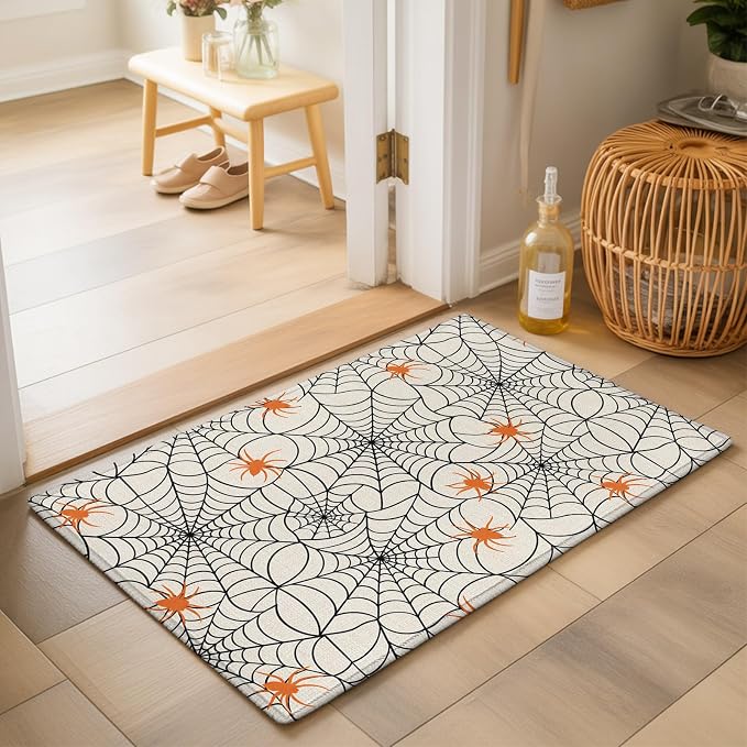 Entryway Area Rug 2'x3', Halloween Washable Small Area Rugs for Kitchen Bathroom Bedroom Office Laundry, Black Net Classic Spiders Gingham Orange Rustic Door Mat Indoor Entrance Floor Throw Carpet