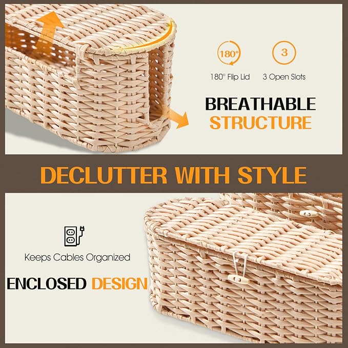 FairyHaus Cable Management Box 2Pack Cream, Handwoven Large and Small Cable Organizer Box Cover to Hide Cords and Power Strip, Imitation Wicker Cord Organizer Box Hider for Office Desk and Floor