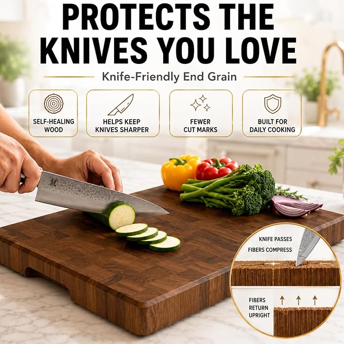 SHUMARU XL End Grain Old East Java Teak Cutting Board 20.5 x 14.2 x 2", Premium Thick Butcher Block, Knife-Friendly Chopping Block, No Juice Groove, Non-Slip Feet, Side Handles