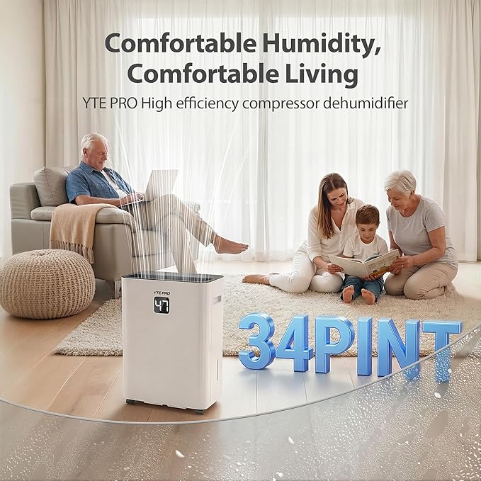 34Pint Dehumidifier for 2500Sq.Ft, Compressor Dehumidifiers for Home, Front LED Digital Humidity Display&Quiet Dehumidifier for Basement, Bedroom, Bathroom, with 6.56FT Drain Hose DH1800S