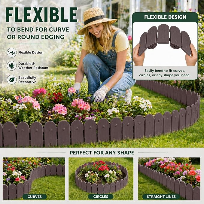 Garden Border Plastic Edging: Wooden Fence Design - 16pcs Brown Yard Landscaping Fence Liner Lawn Edge Barrier - 20ft Kit of Decorative Lawn Panels Elements -Landscaping Edging-GMT-10374-A16