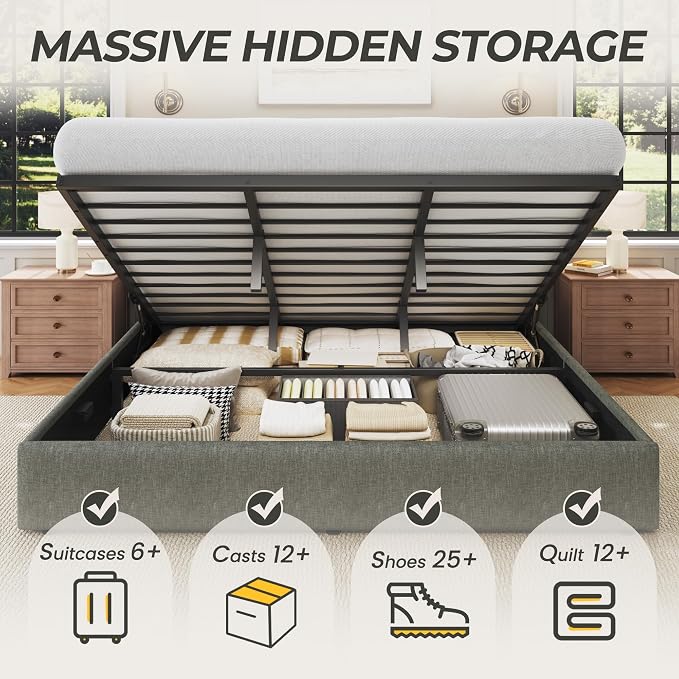 HISOFT King Size Lift Up Storage Bed Frame, Linen Upholstered Platform Bed with Wingback Headboard, Heavy Duty Hydraulic Gas Lift Underbed Space, Reinforced Full Metal Slats, Noise Free, Grey