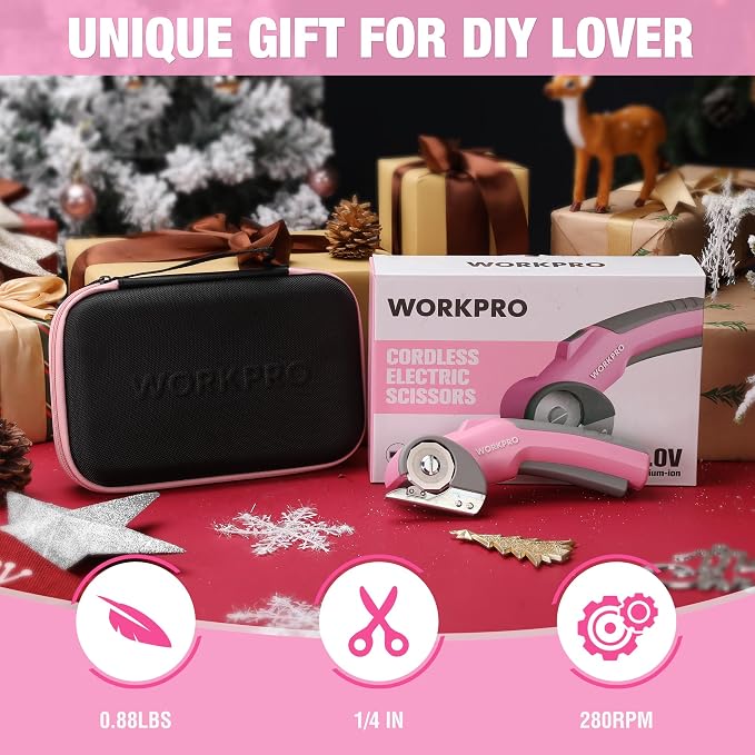 WORKPRO Cordless Electric Scissors, 4V Rotary Cutter for Cardboard Carpet Leather Plastic, 2000mAh Rechargeable Powerful shears with Storage Case