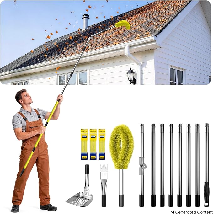 12 FT Gutter Cleaning Tools for Outdoor - Gutter Cleaner Pole with Shovel & Brush for Roof Rain Gutters, Cleans Leaves, Branches & Debris - No Ladder Needed (Yellow)