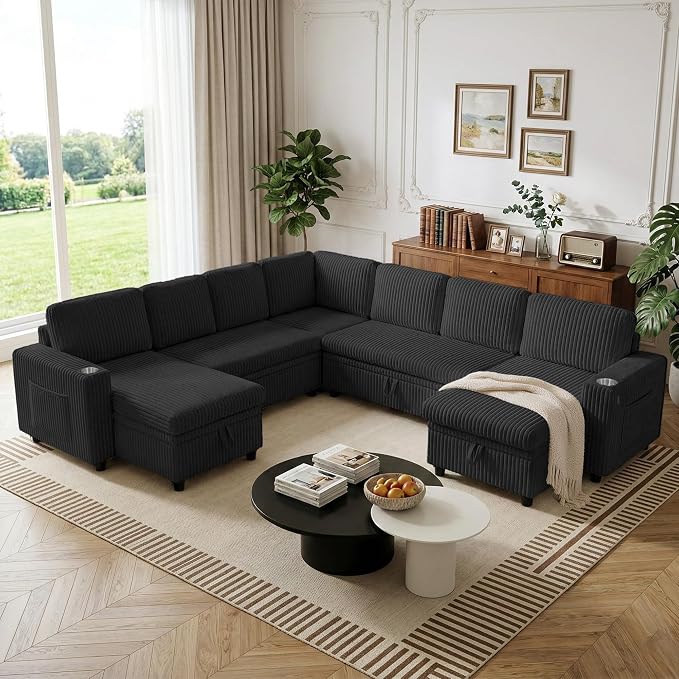 Oversized U-Shaped Sectional Sleeper Sofa for Living Room, Black | Modular Design, Pull Out Bed, Hidden Storage Space, Soft Corduroy, USB Charging, Cup Holders, Easy Assembly