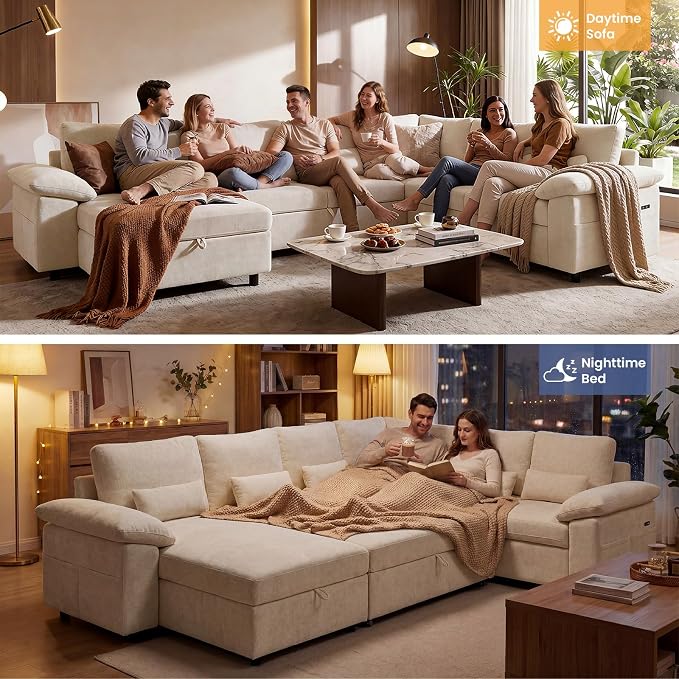110 Inch Modular Sectional Sleeper Sofa with Pull Out Bed, U Shaped 7 Seat Cloud Modular Sectional Sofa with Storage, Chenille Sectional Couches for Living Room, Removable Sofa Cover, Beige