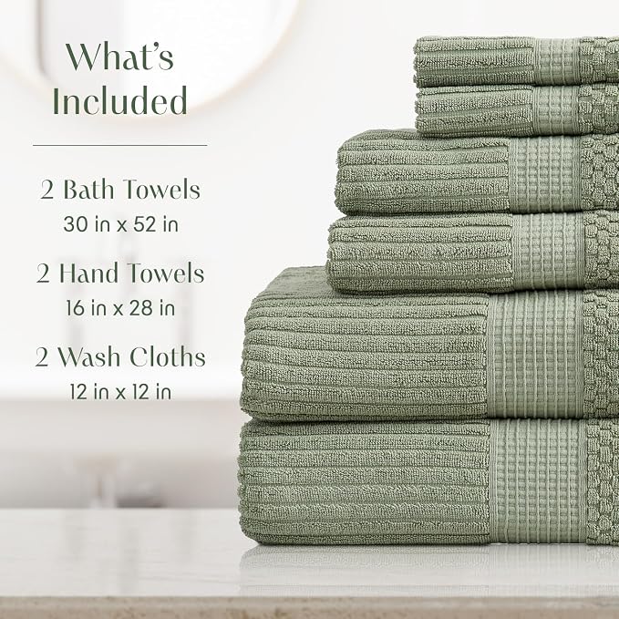 Springtree Home 100% Cotton Bath Towel Set | 6-Piece Set | Textured | Green | Absorbent & Quick-Dry Bathroom Towels | Textured and Durable Cotton Towels for Bathroom | OEKO-TEX | Krista Collection