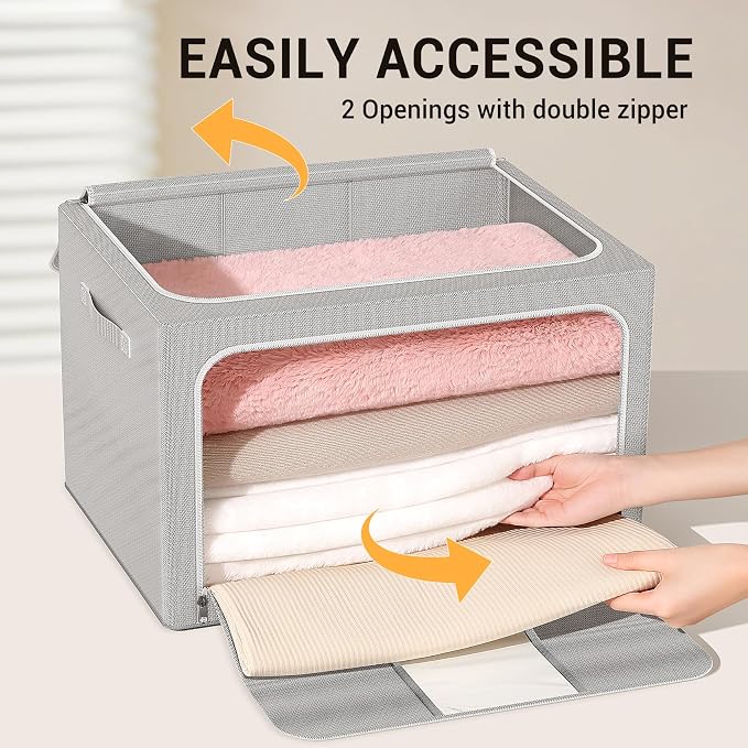 Clothes Storage Bins with Metal Frame Foldable Storage Box Clothes Organizers Storage Containers for Clothes Sheets Blankets Books Toys Gifts and Holiday Decorations (100Lx3 Pack)