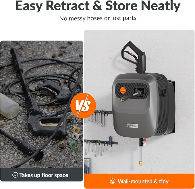 Giraffe Tools 65 FT Retractable Wall Mounted Pressure Washer G20, 2500 PSI | 2.2 GPM, Automatic Rewind with 180° Swivel Bracket, 5 Nozzles, Foam Cannon for Car, Fences and Patio Cleaning, Dark Silver