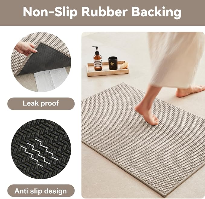 Triohero Bathroom Rugs Non Slip Washable, Super Absorbent Thin Bath Mat Small Quick Dry Low Pile Bathroom Rug, Beige 20"x30"