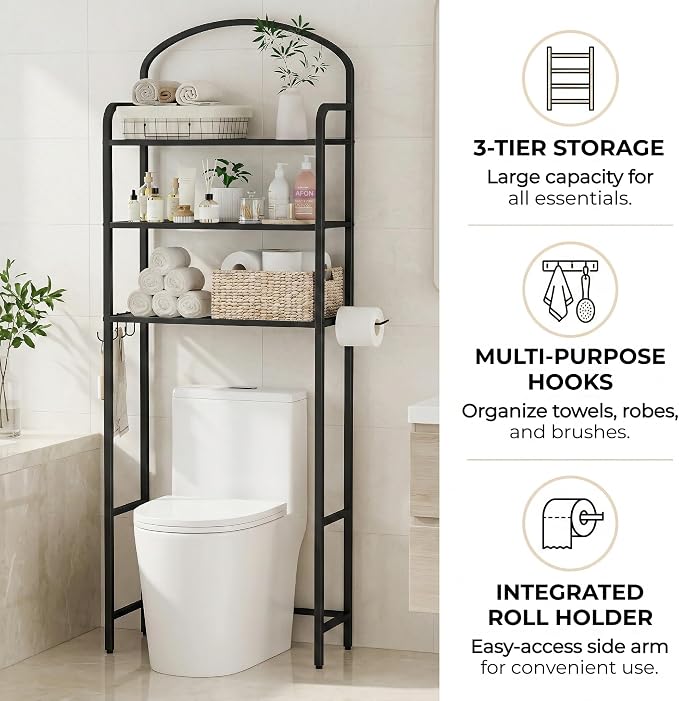Over The Toilet Storage Rack - 3 Tier Bathroom Organizer with 4 Hooks & Paper Holder - Space Saving Metal Shelf for Bathroom - Black Toilet Storage