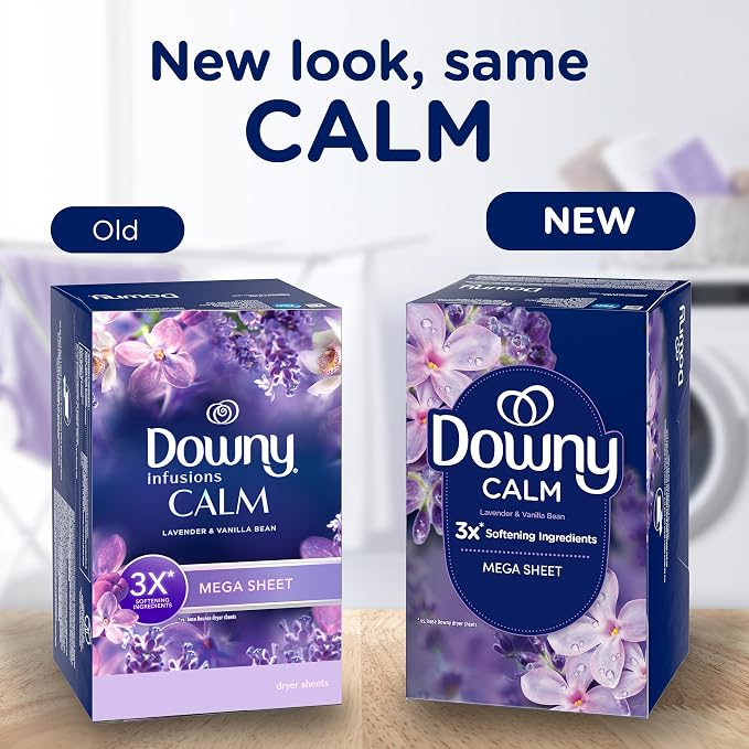 Downy Calm Mega Dryer Sheets, Large Fabric Softener Sheets for Laundry , Static Guard & Softness Boost, Laundry Dryer and Fabric Sheets, 180 Count