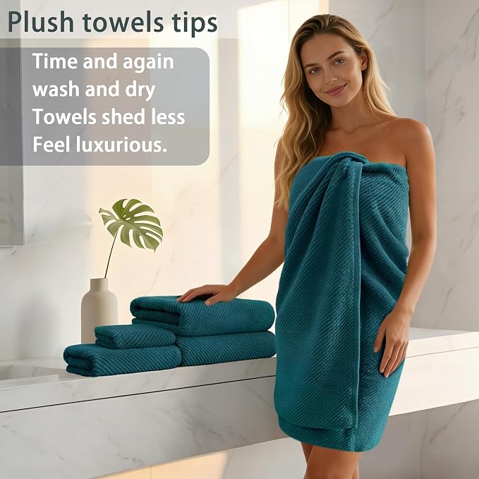 VOOVA & MOVAS 3PC Towel Set, 100% Cotton, Deep Turquoise | 1 Large Bath 30x56 In, 1 Hand 18x28 In, 1 Wash Cloth 13x13 In, Quick Dry, Soft, Thick, Bathroom Essentials