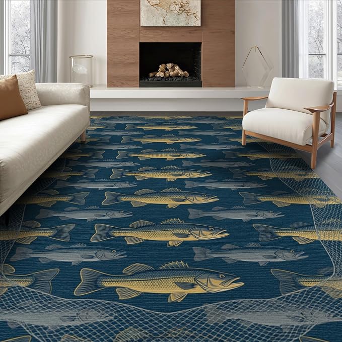 8'x10' Washable Area Rug Bass Repeating Lure Net Border Tackle Motif Angler Fish Fishing Refined for Living Room, Under Sectional, Family, Non-Slip Flatwoven