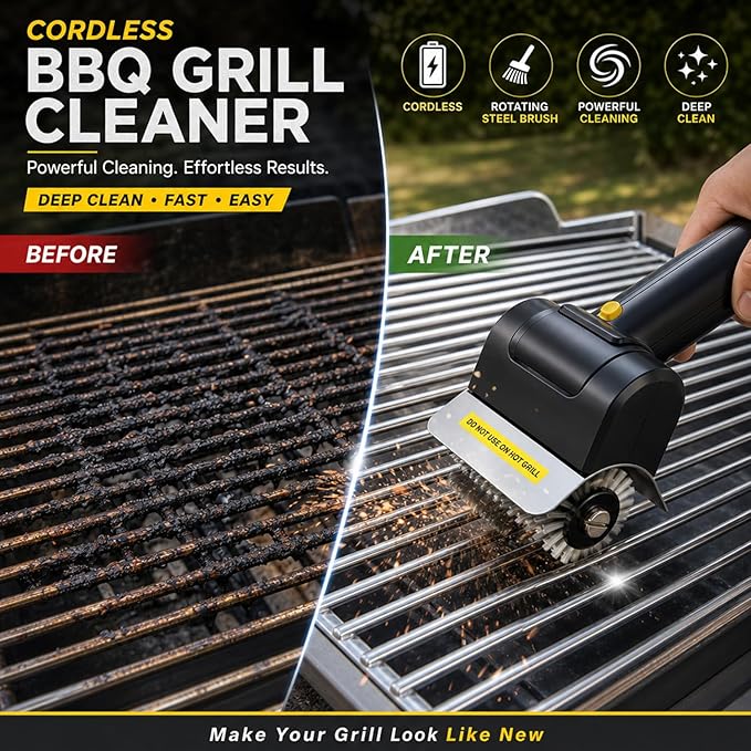 Electric Grill Brush for Outdoor, 2000mAh Upgraded BBQ Grill Cleaner, Cordless Rotary Grill Grate Cleaner with 150Mins Runtime, Safe for All Grills, BBQ Gift for Father's Day