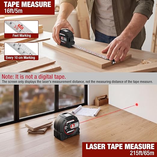 Arrow 2-in-1 Laser Tape Measure, 215Ft/65m Laser Distance Measuring Tool, 16Ft Magnetic Tape Measure Continuous Measurement, Area/Volume Calculation, NOT Digital, Gift for Dad