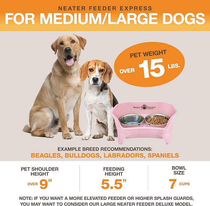 Neater Feeder Express Mess Proof Dog Bowls Elevated for Medium to Large Sized Breed, No Spill Raised Dog Food Bowl Stand, Stainless Steel Food and Water Bowl Set, Pet Dish Feeding Station, Pink