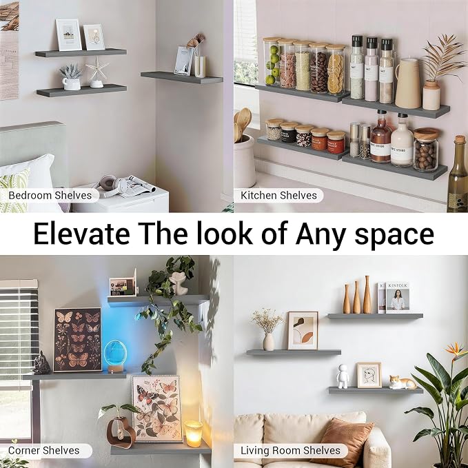 BAYKA Grey Floating Shelves for Wall, Set of 3, 22.5 inch Wall Mounted Shelf for Bedroom, Living Room, Kitchen – Wood with Hidden Metal Brackets, 22LBS Capacity – Storage for Books, Plants, Decor