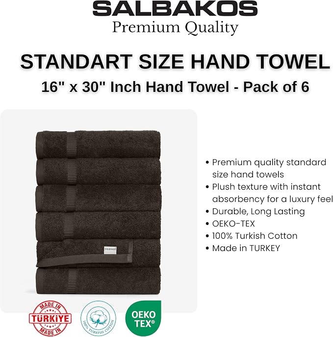 SALBAKOS 6-Piece 100% Turkish Cotton Hand Towels, 16x30 inch, Chocolate | Large Size Thick Super Soft Highly Absorbent, Versatile Hair Face & Hand Drying Towel, Premium Hotel Quality Made in Turkey