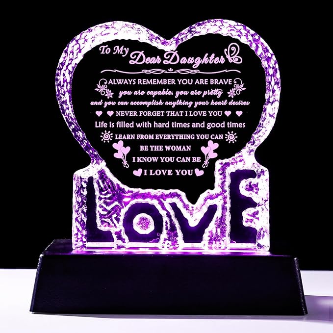 YWHL Daughter Gifts from Mom Dad with Colorful Light Base Birthday Gifts for Daughter Adult Crystal Heart Keepsake Meaningful Present for Daughters on Christmas Valentines Graduation