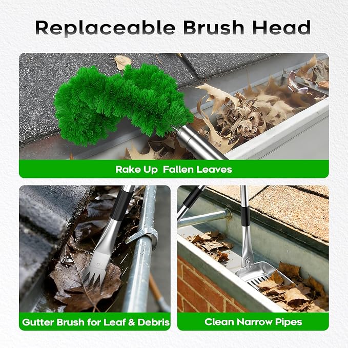 13ft Gutter Cleaning Tools From the Ground, No Ladder Needed, 3-in-1 Gutter Cleaner Pole with Replaceable Brush Rake Scoop, 180° Adjustable Angle for Leaves & Debris Cleaning with Grip Tapes, Green