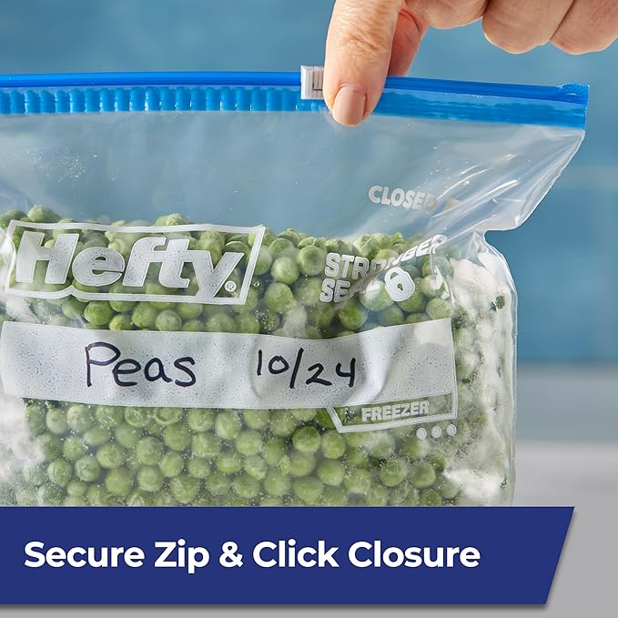 Hefty Slider 1 Gallon Freezer Bags, 56 Count, Gallon Slider Bags for Freezer, Holds Raw Meat, Soups, Prepped Fruits and Veggies, and More, Writable Label, Secure Zip and Click Closure